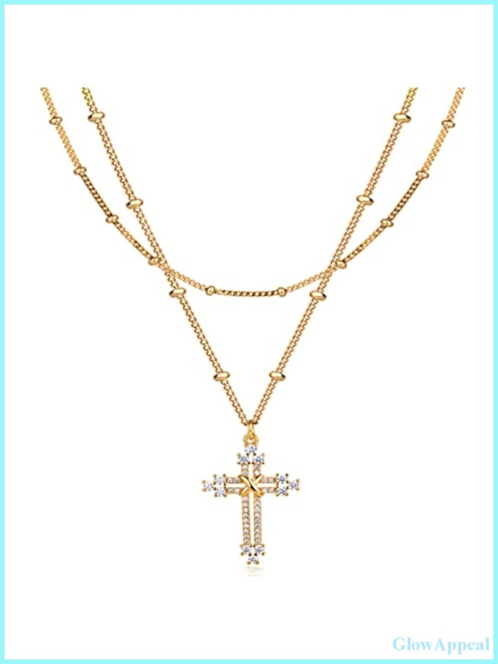 18K Gold Plated Layered Cross Pendant Necklace with Cubic Zirconia